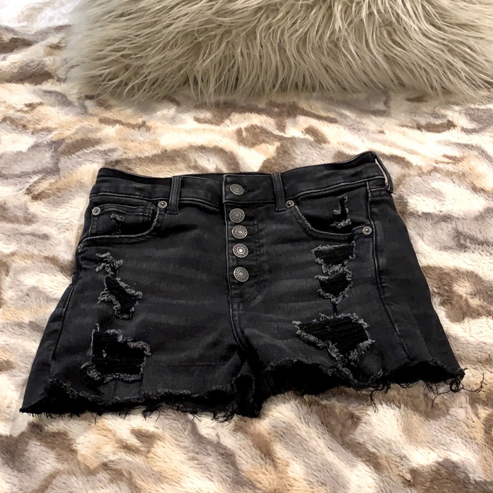 Black Destroyed Denim Button up Shorts